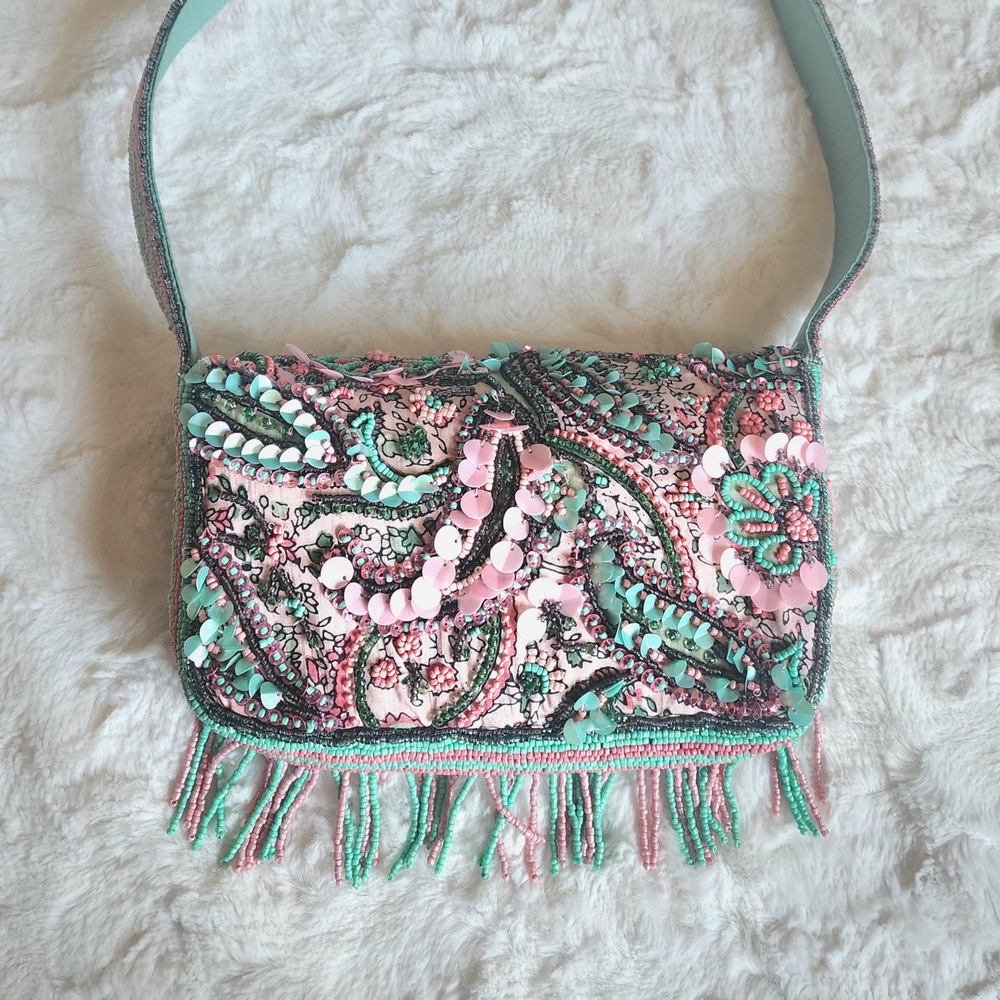 Beaded And Sequined Bag Boho-Chic Pink and Green Shoulder Bag with Fringe